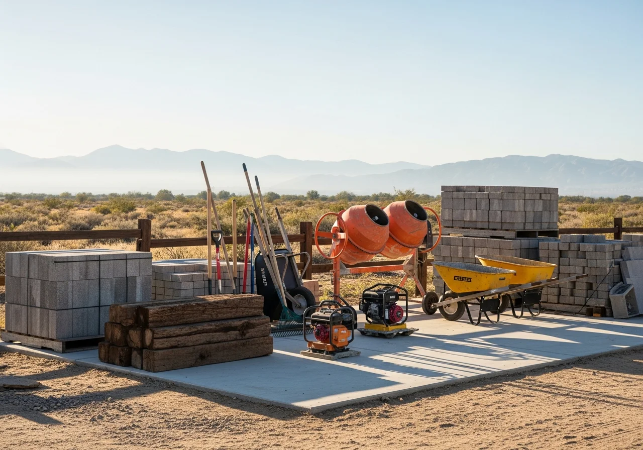 Landscape crew and tools ready for outdoor construction work in the high desert.