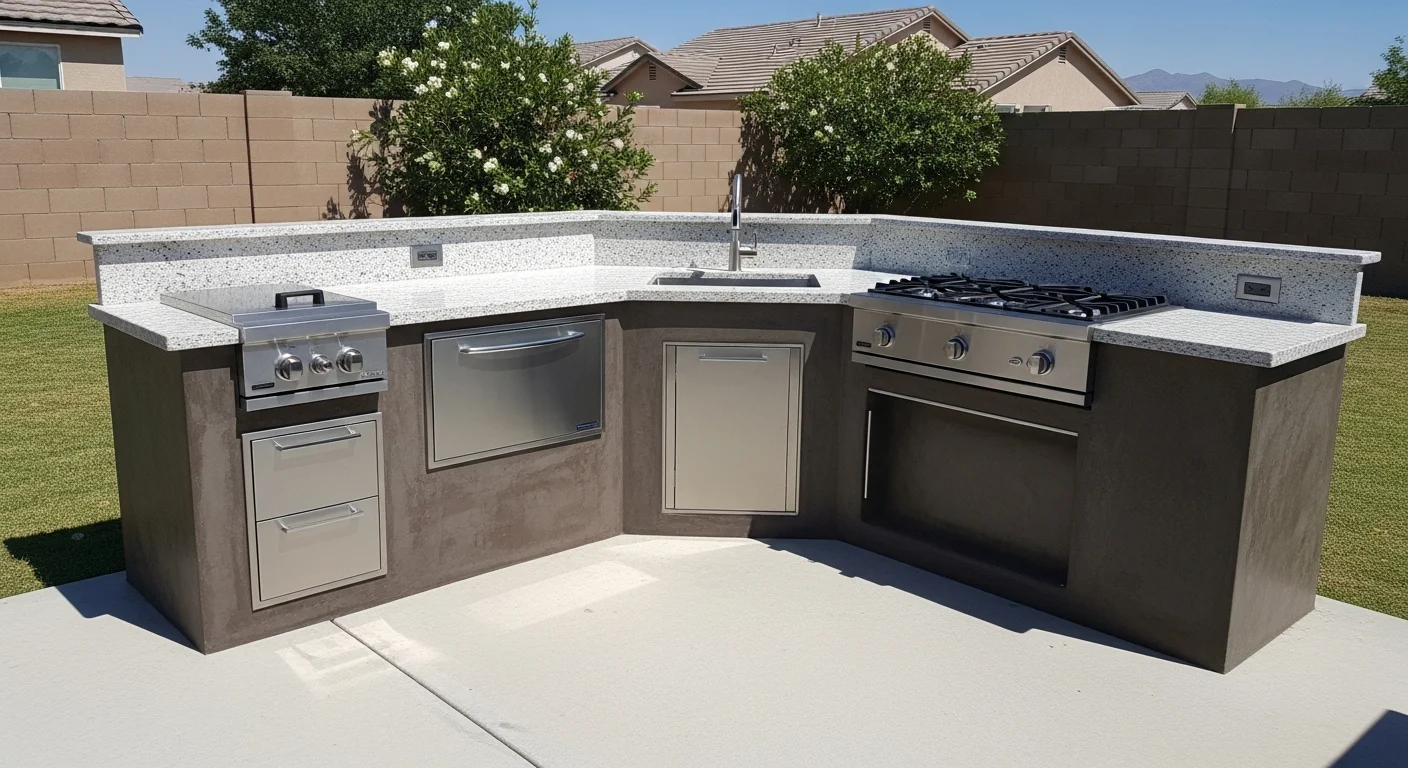 Custom BBQ island and outdoor living structure in Hesperia backyard