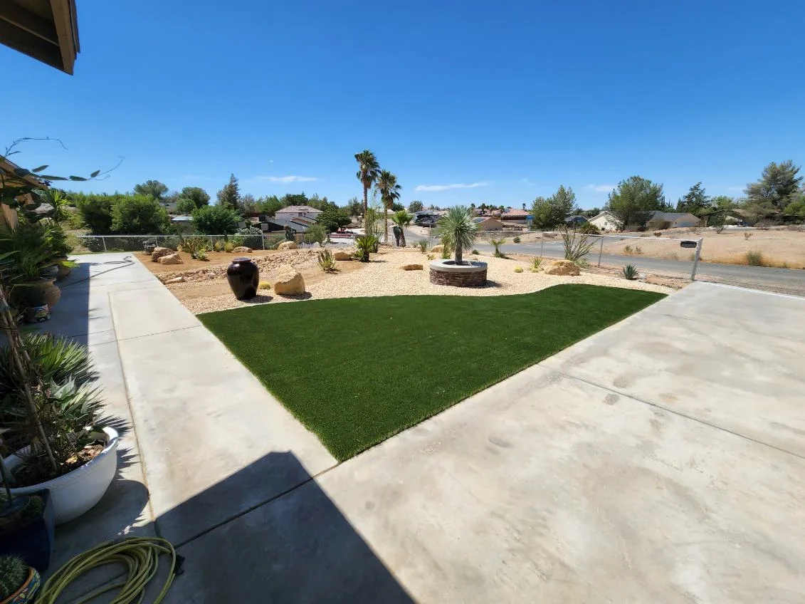 Synthetic turf lawn with concrete patio, desert plants, and fire pit in backyard