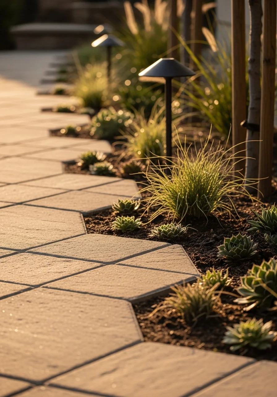 Close-up 3D detail of landscape elements including pavers, plants, and lighting fixtures in a residential setting.
