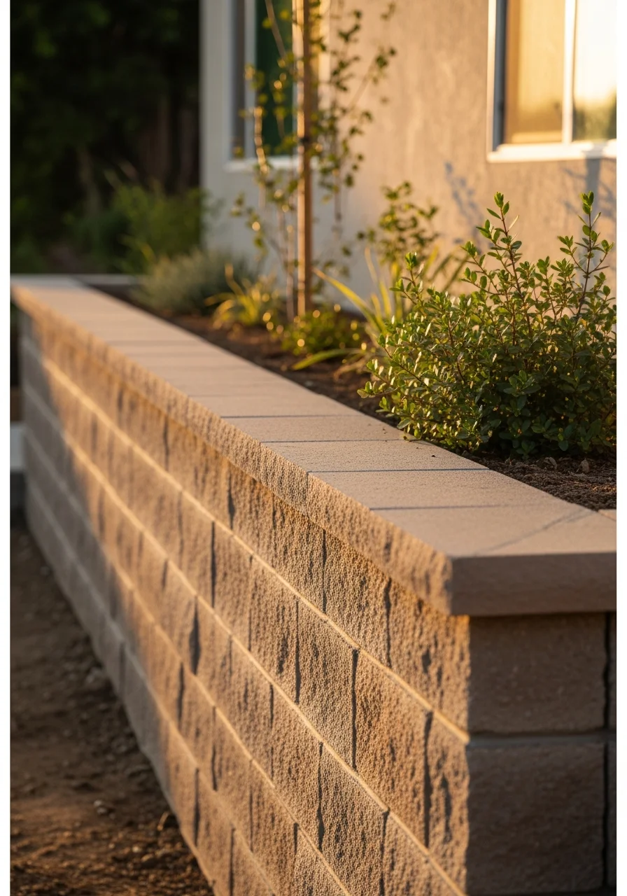 Finished block wall with decorative cap and landscaping plants at the top, showing privacy and property definition.