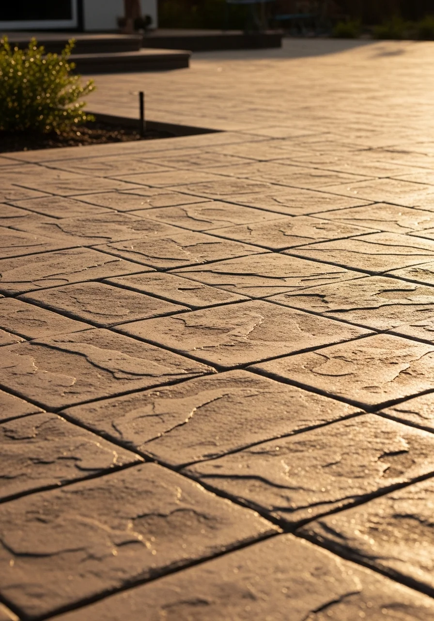 Close-up of stamped concrete texture showing decorative pattern and color detail.