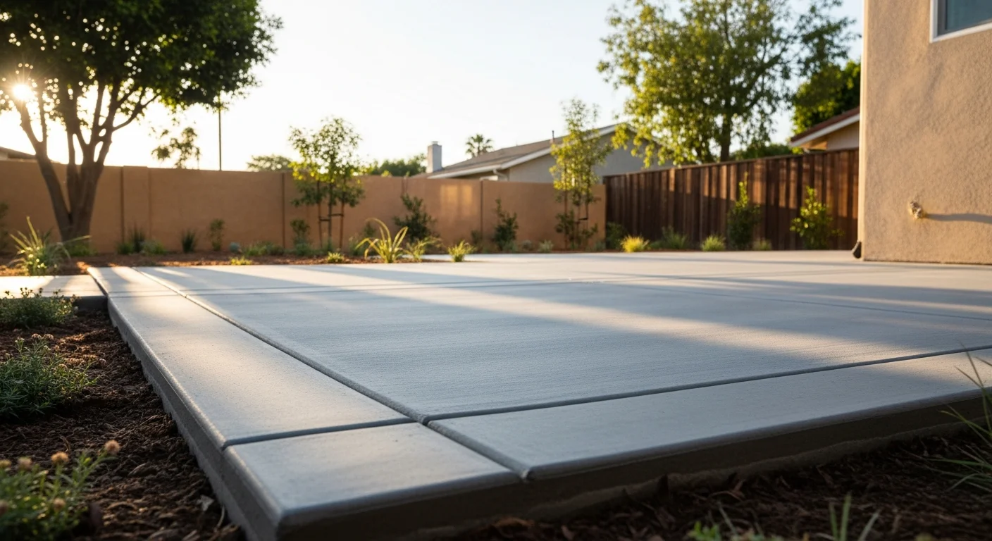 Finished concrete patio with clean edges and smooth gray surface, ready for furniture and outdoor living.