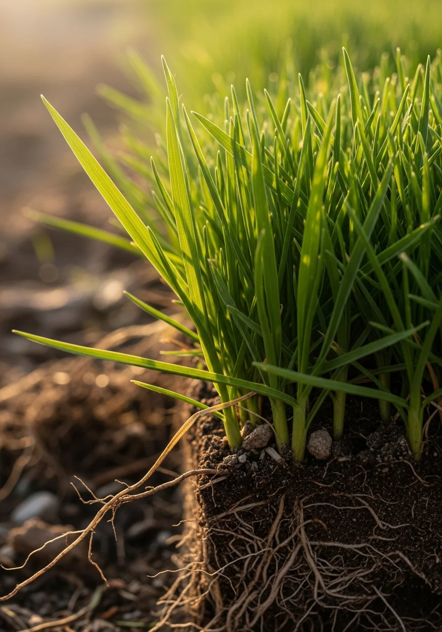 Grass blade detail showing texture and color, with soil and root zone visible at the base.