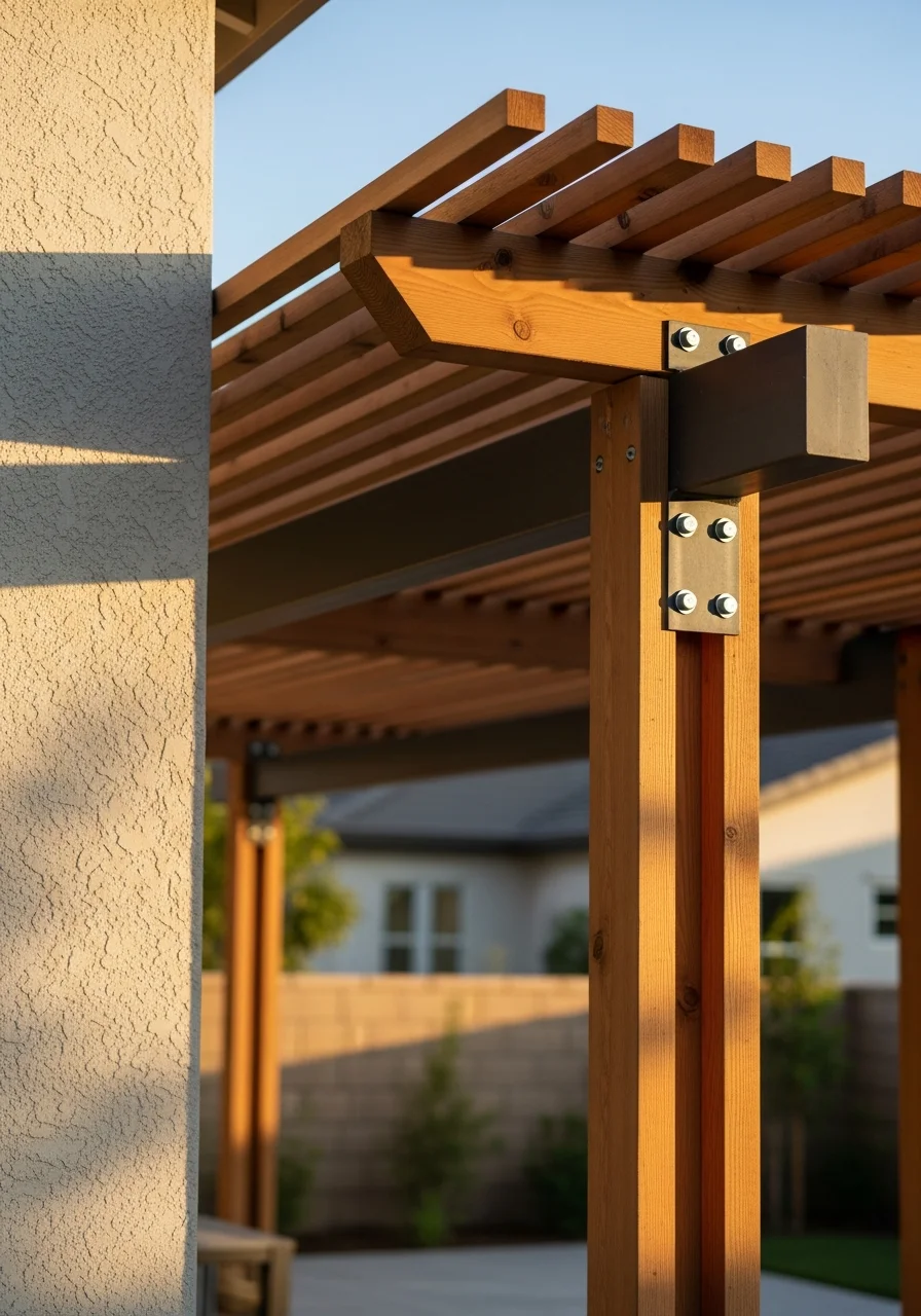 Patio cover detail showing beam connections, roof framing, and support posts in a residential backyard setting.