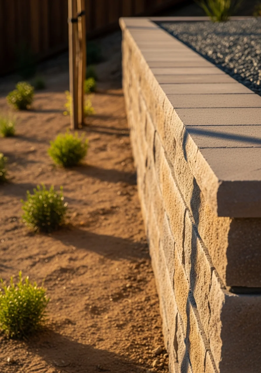 Retaining wall detail showing proper drainage, mortar joints, and cap stone installation on a residential slope.