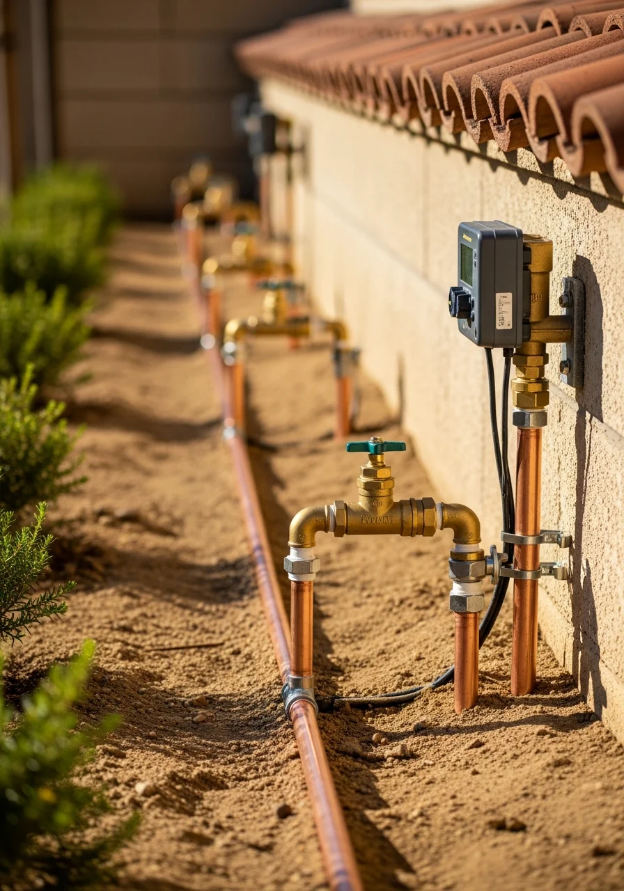 Installed sprinkler system with visible main line and zone connections, showing professional layout and organization.