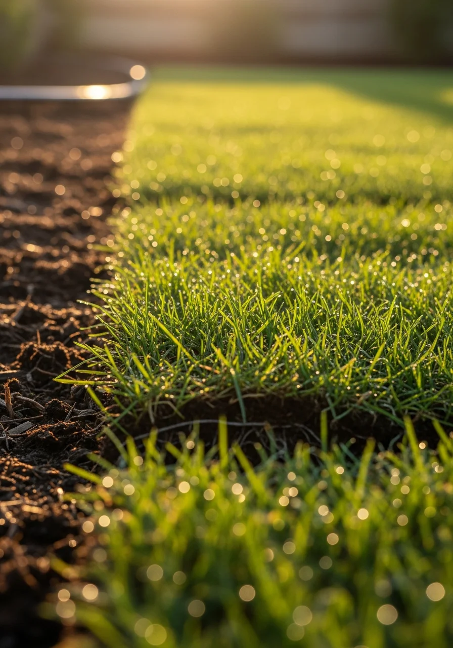 Close-up of healthy grass blades with soil visible at the base, demonstrating proper sod installation.