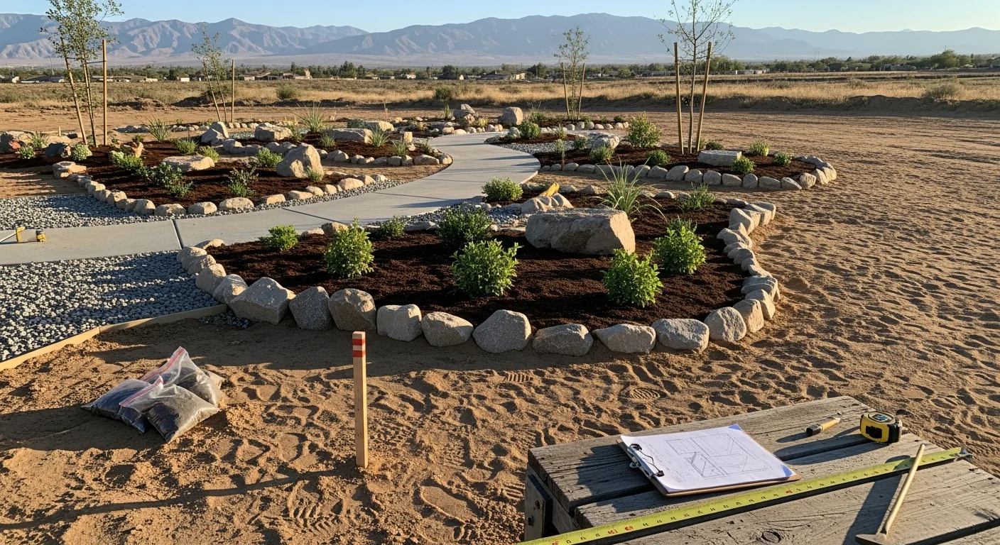 A 3D landscape design rendering showing a Hesperia residential backyard with desert-adapted plantings, a paved patio area, and rock features laid out to scale. The rendering displays the yard from an elevated angle, showing how each element connects to the home and surrounding sandy desert terrain.