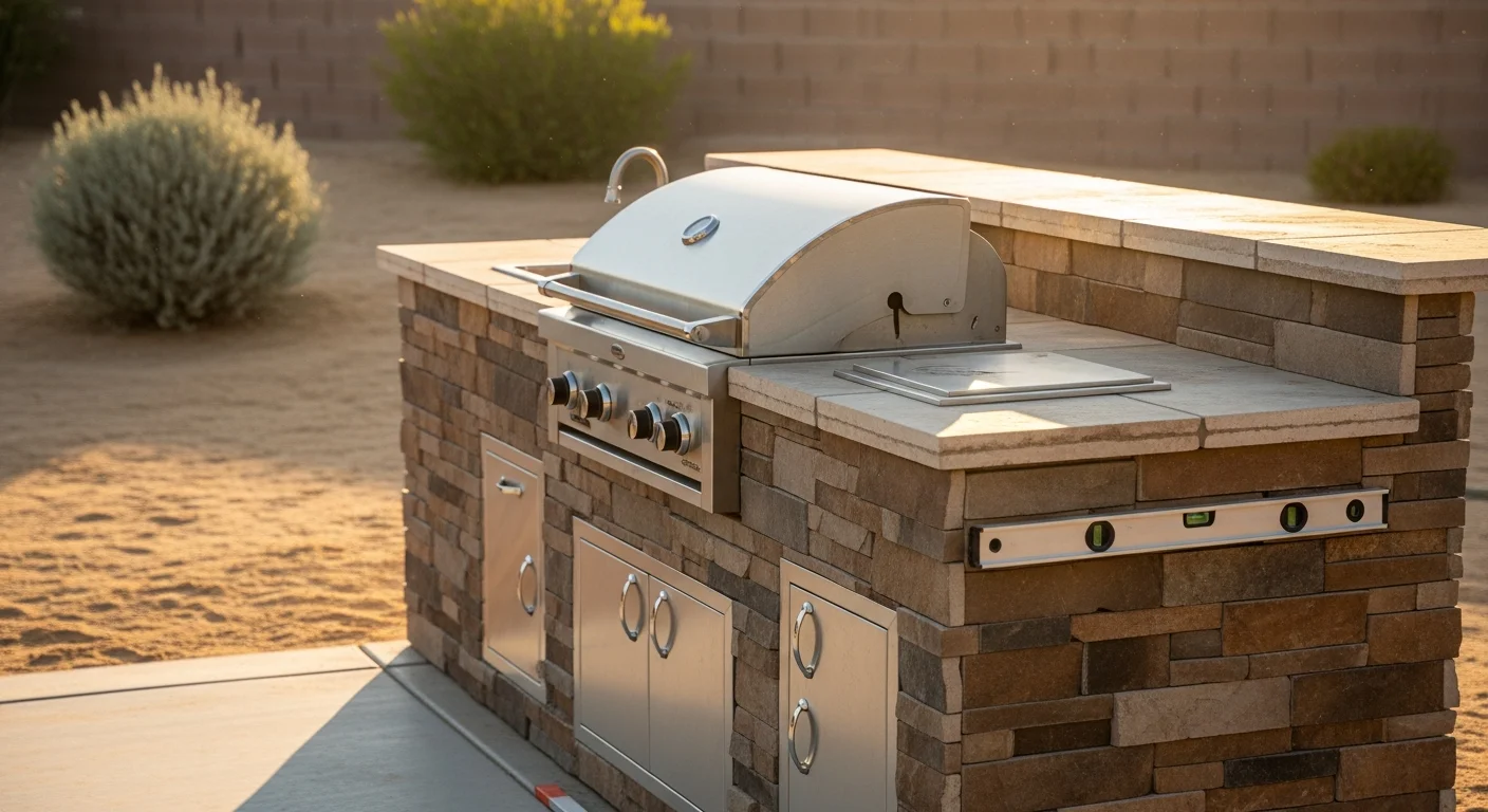 A custom built-in concrete BBQ island with counter space and storage doors installed in a Hesperia backyard. The island sits on a paved patio with the High Desert landscape visible in the background.