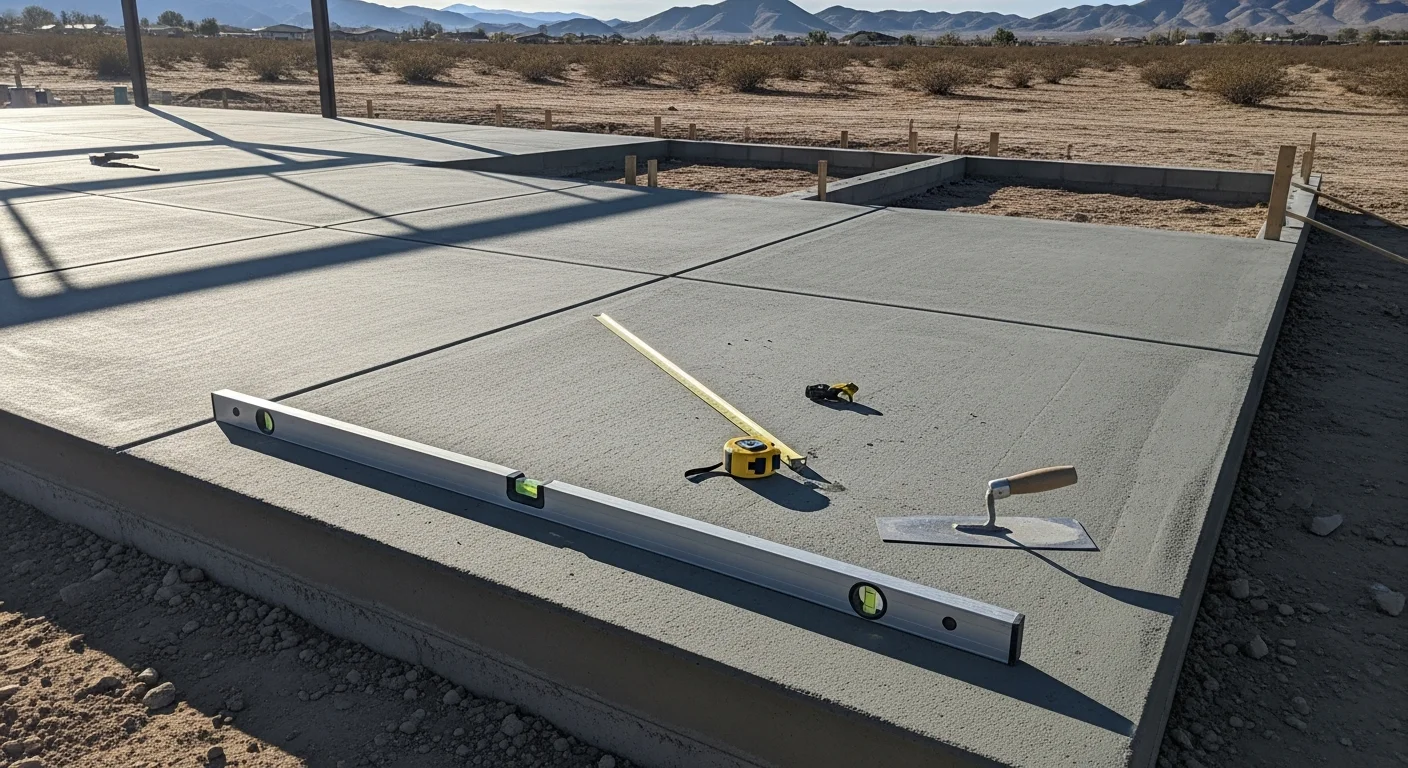A finished custom BBQ island installed in a Hesperia backyard, featuring a built-in grill, concrete countertop, and stucco base set against a wide desert lot. The structure sits on an existing concrete pad with a patio cover overhead and open High Desert sky in the background.