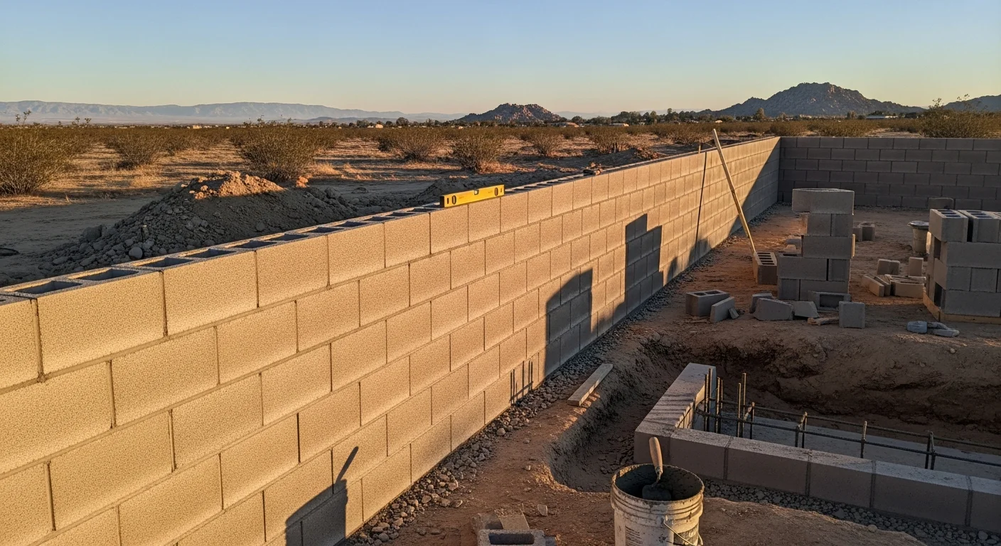 A finished concrete block wall along a residential property line in Hesperia, California, with capped tops and a clean stucco-ready face against a High Desert sky. The wall defines the rear yard boundary of a single-family home on a sandy lot typical of the Hesperia area.