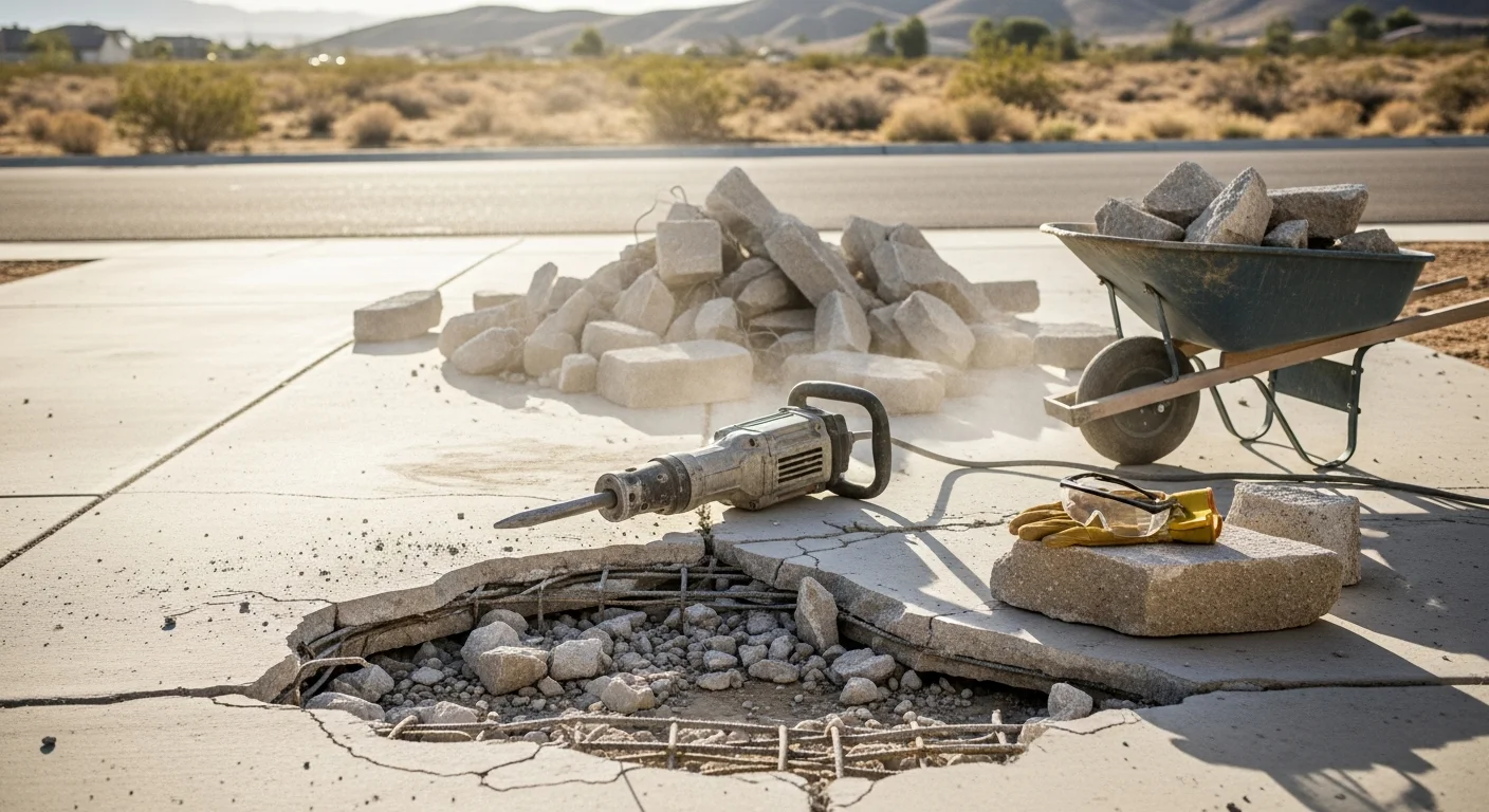 Broken concrete driveway slab being removed from a residential property in Hesperia, California, with debris staged for haul-off and bare ground exposed. A concrete contractor operates equipment to lift and clear rebar-reinforced sections of the old flatwork.