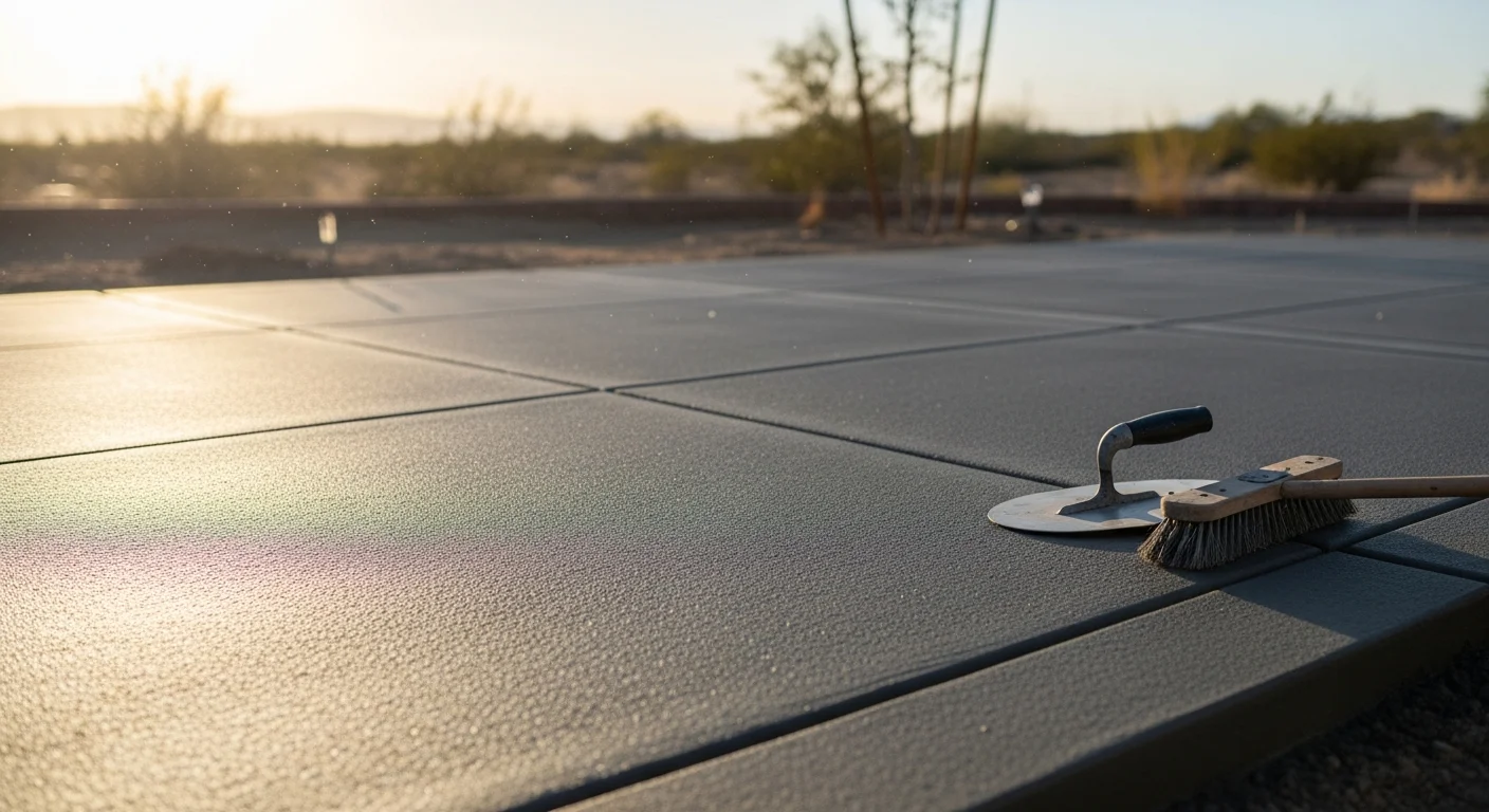 A freshly broom-finished concrete driveway at a residential property in Hesperia, California, with clean edges and control joints visible under bright High Desert sunlight. The slab leads to a single-story home on a large lot typical of the 92345 area.