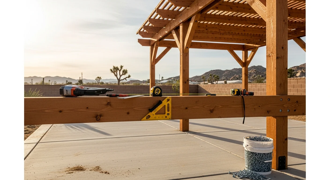 A custom patio cover installed in a Hesperia, California backyard, providing full shade over a concrete slab with desert landscaping and mountain views in the background. The structure features clean post-and-beam construction suited for High Desert conditions.