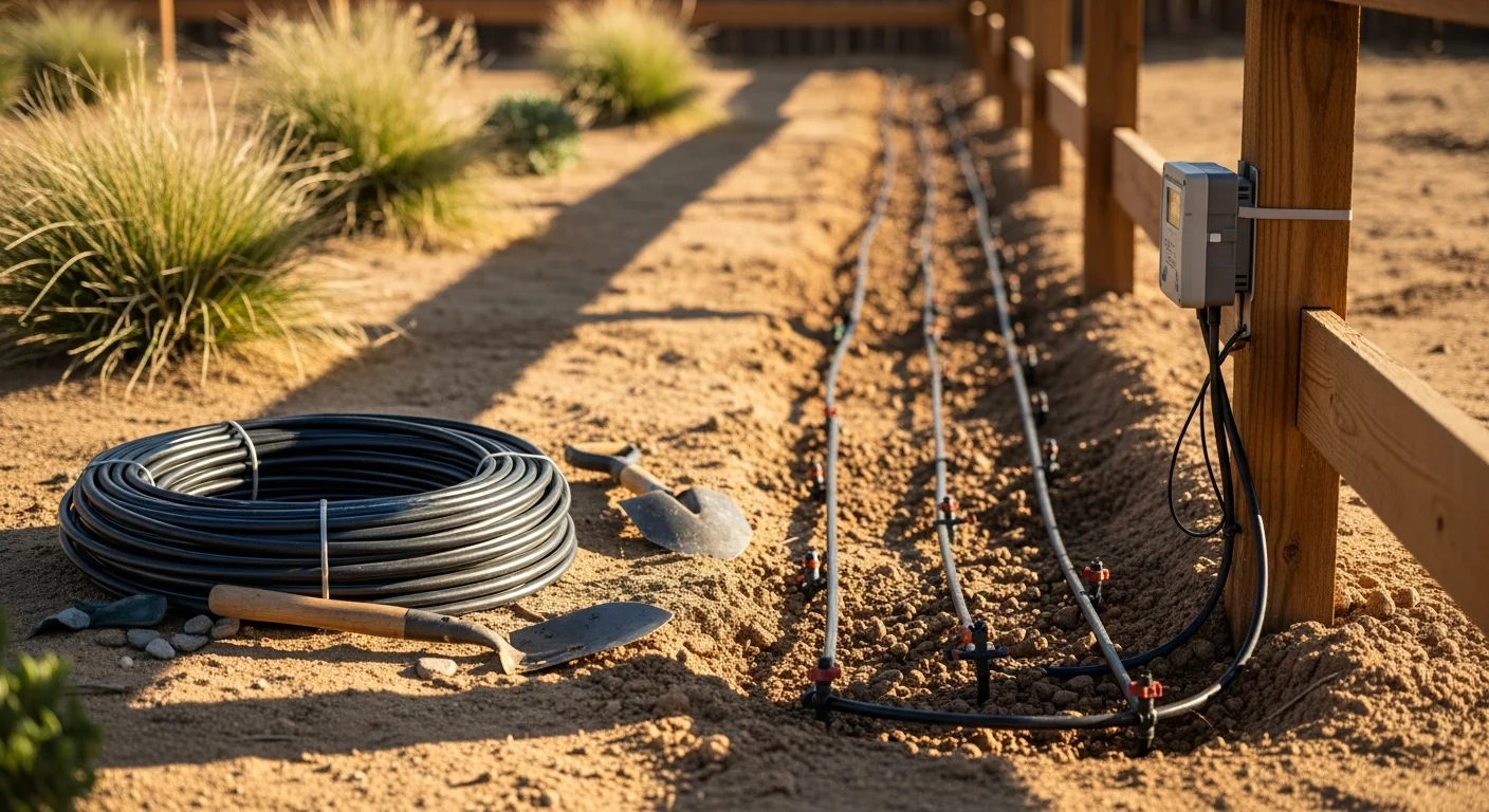 Newly installed drip irrigation lines running through a desert landscape bed at a residential property in Hesperia, California. Emitters are spaced along the soil near drought-tolerant plantings under a clear High Desert sky.