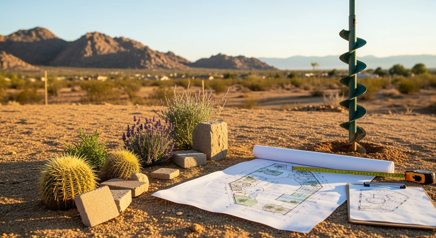 Completed residential landscape design in Hesperia, California, showing drought-tolerant plantings, decomposed granite pathways, and boulder groupings on a sandy loam lot. Front yard view at a High Desert home with low-water ground cover and defined hardscape edges.