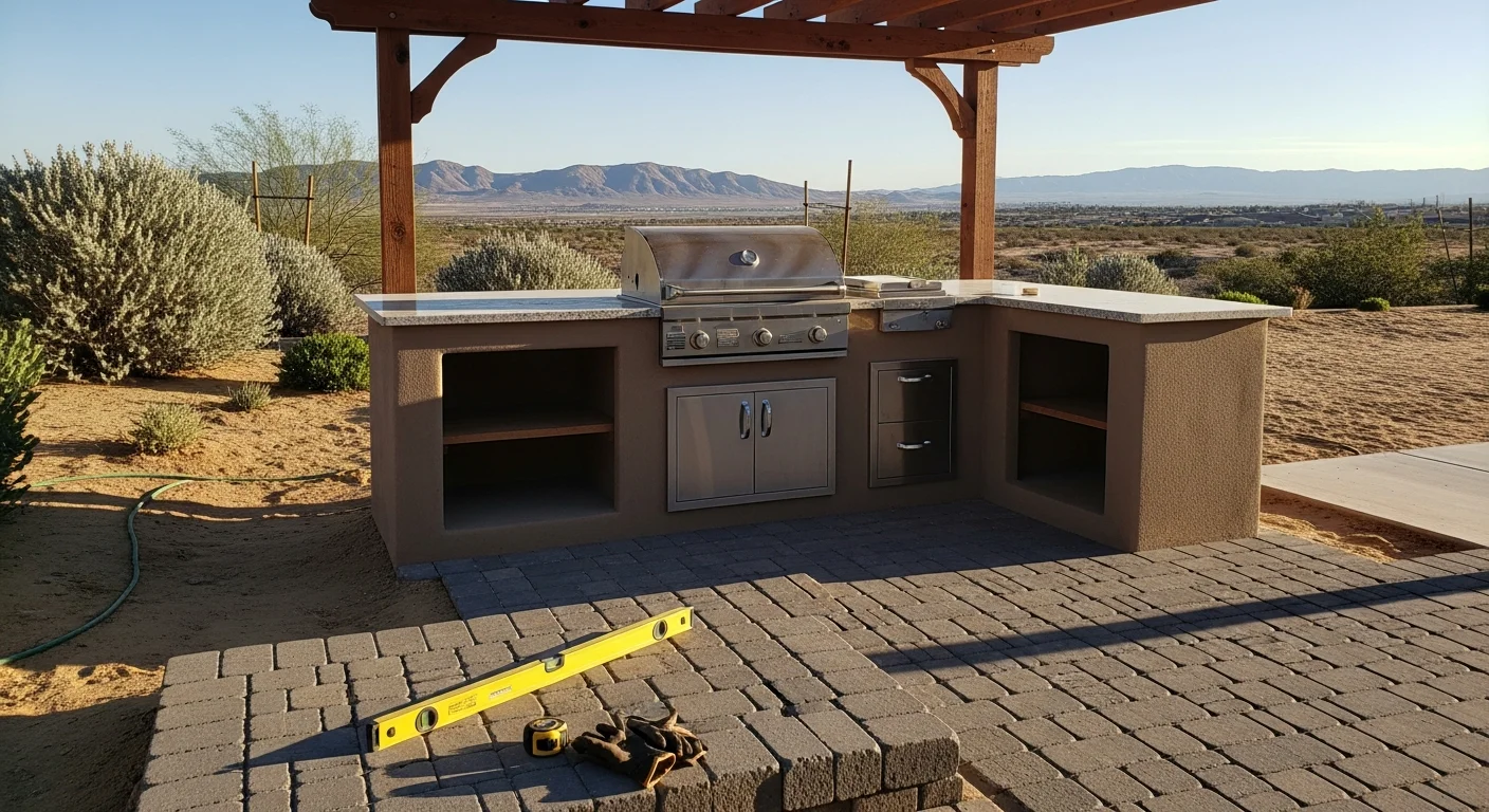 A completed outdoor kitchen installation in a Hesperia, California backyard, featuring a built-in grill station, concrete prep counter, and overhead shade structure. The desert landscape and open lot typical of High Desert properties are visible in the background.