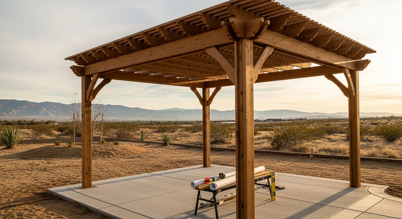 A custom pergola structure in a Hesperia, California backyard, designed to provide shade against the High Desert sun with a desert landscape visible in the background. The structure is attached to a single-story home with a concrete patio below and open sky above.