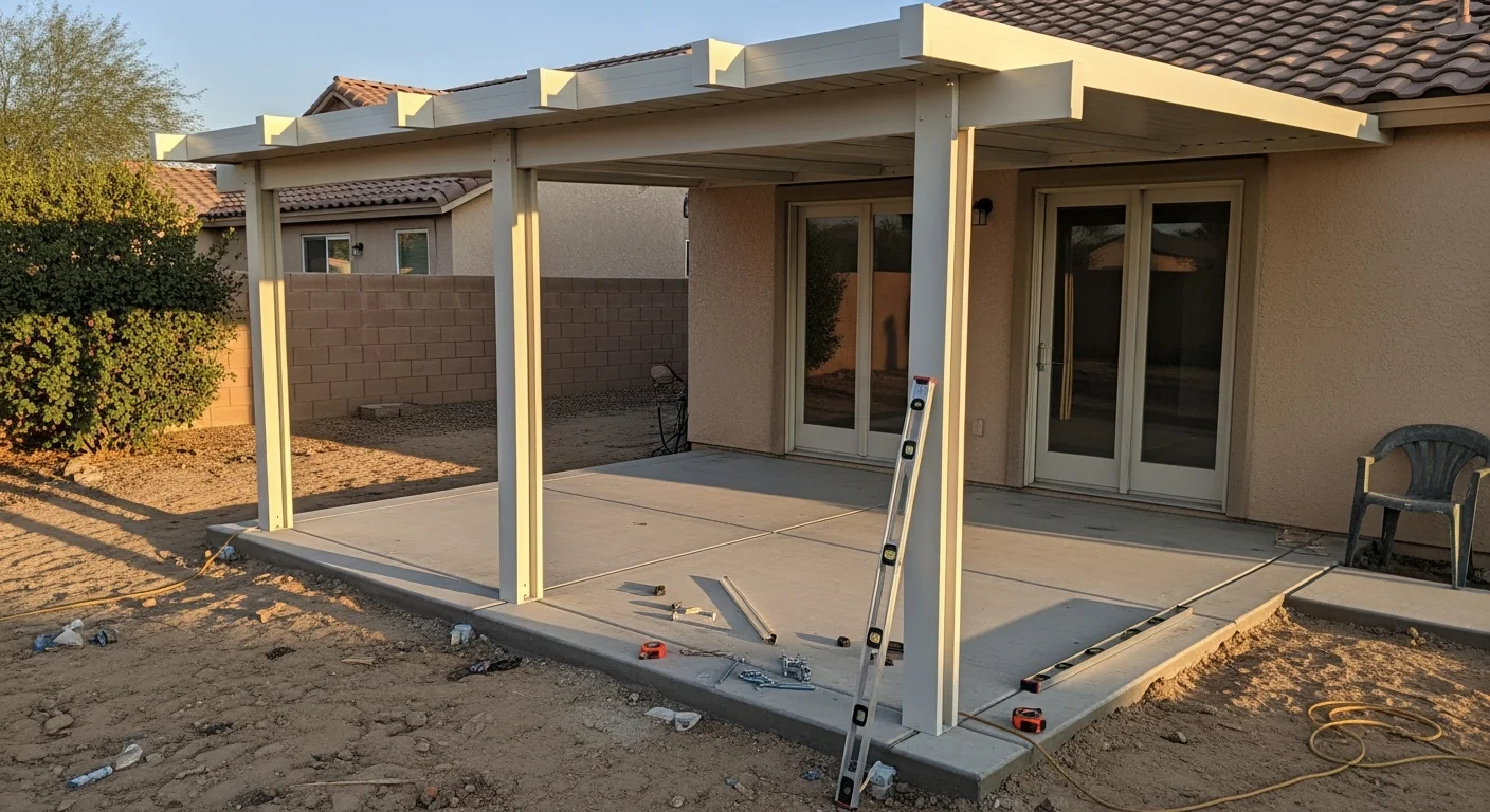 A newly installed attached patio cover over a concrete backyard slab at a Hesperia, California home, with the San Bernardino Mountains visible in the background. The solid-roof structure provides full shade across the outdoor seating area on a clear High Desert afternoon.