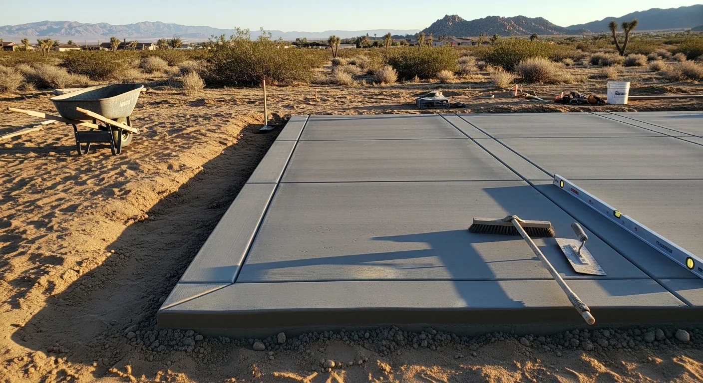 Finished concrete patio in a Hesperia, California backyard with a broom-finish surface and desert landscaping along the edges. The slab is set against sandy soil with open sky and the High Desert landscape visible in the background.