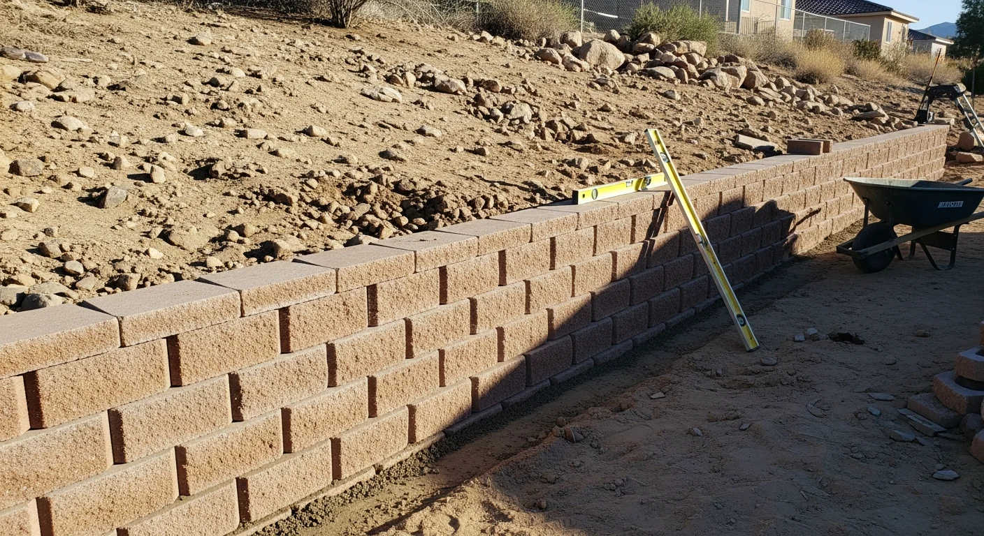 A finished segmental block retaining wall holding back a sloped residential backyard on a Hesperia, CA property. The wall creates a level ground area behind it with desert-style landscaping on the upper terrace.