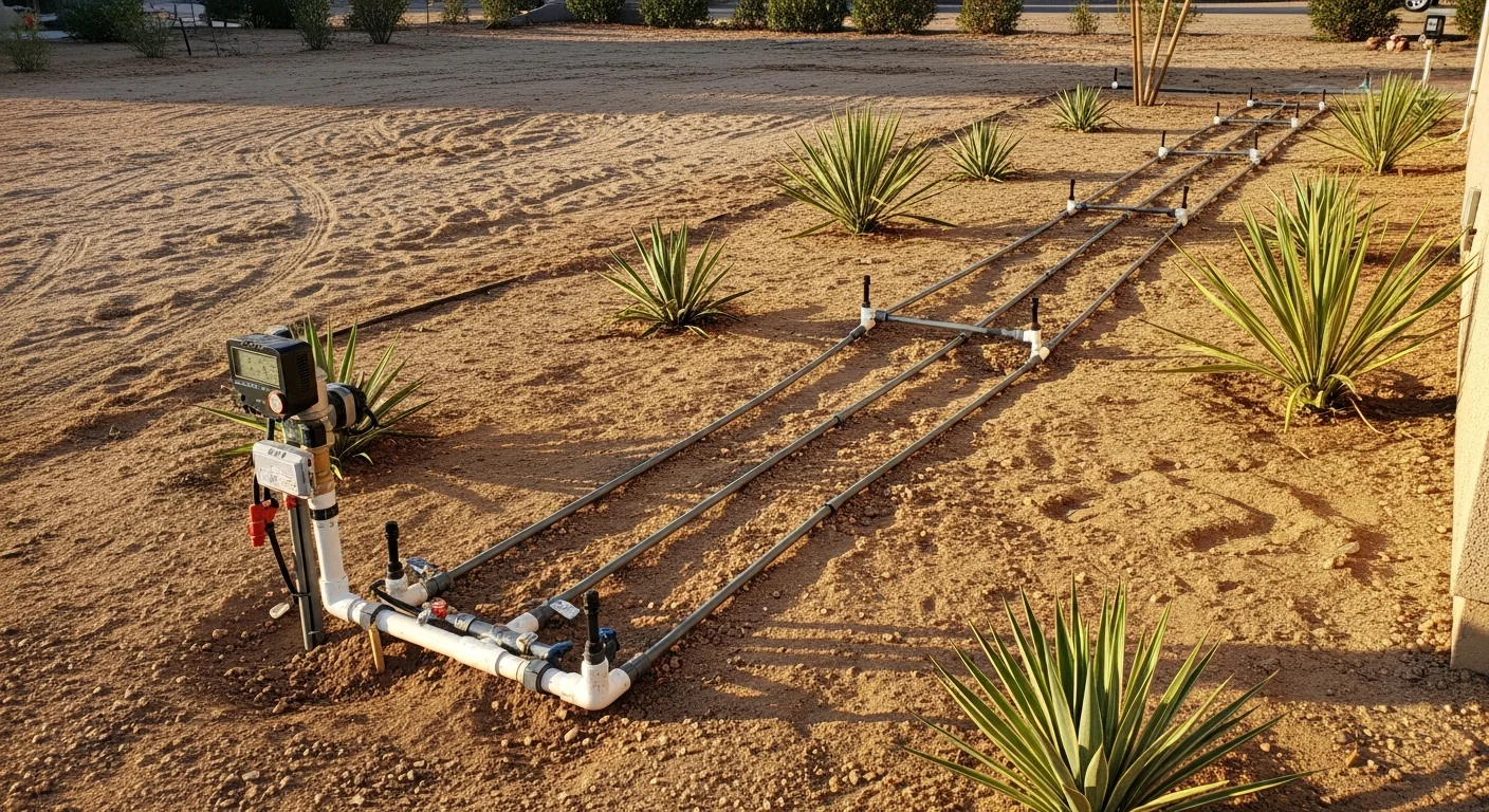 A residential yard in Hesperia, California with a newly installed in-ground sprinkler system running across a dry-climate lawn, showing pop-up heads in active zones against a backdrop of sandy High Desert soil and clear blue sky.