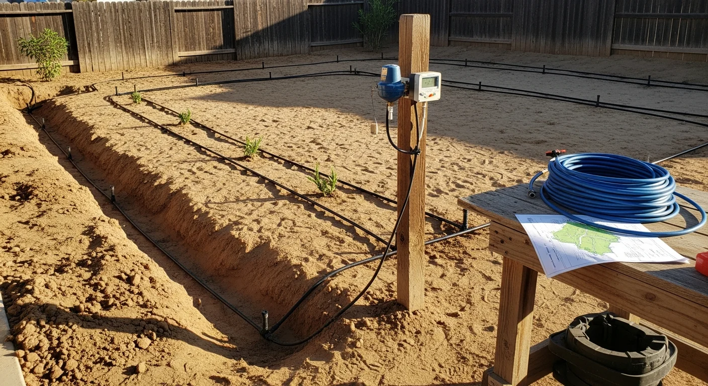 Newly installed in-ground sprinkler heads watering a residential lawn on a sunny day in Hesperia, California. Spray heads are positioned flush with the ground across a front yard with sandy desert soil visible at the edges.
