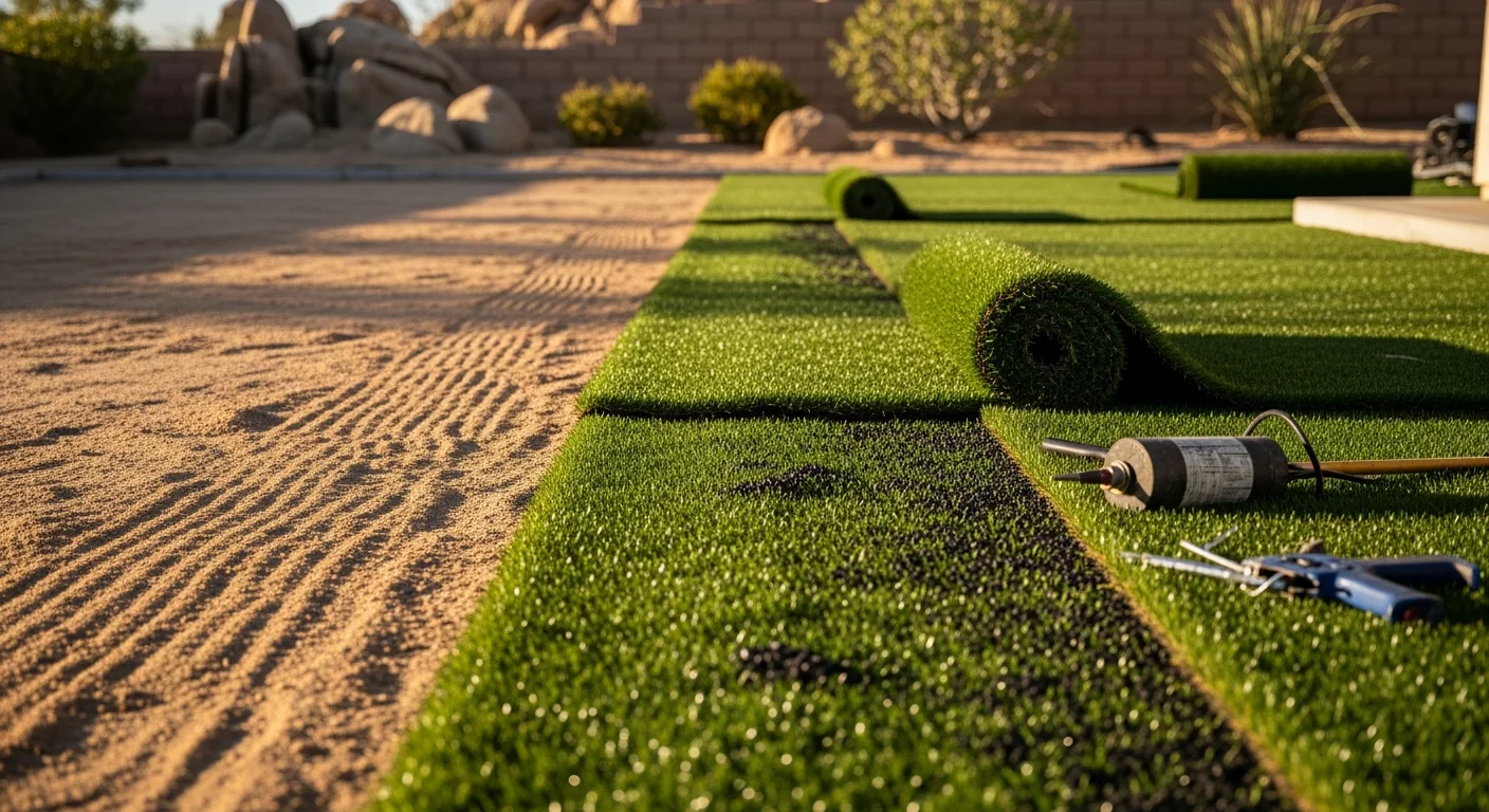 Freshly installed green turf covering a residential backyard in Hesperia, California, with a compacted base and clean-cut edges visible along the perimeter. The yard shows no bare spots or seams against a clear High Desert sky.